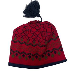 LLBean Kids Boys Knit Hat Red Fair Isle Tassel Blue Fleece Lined Size M